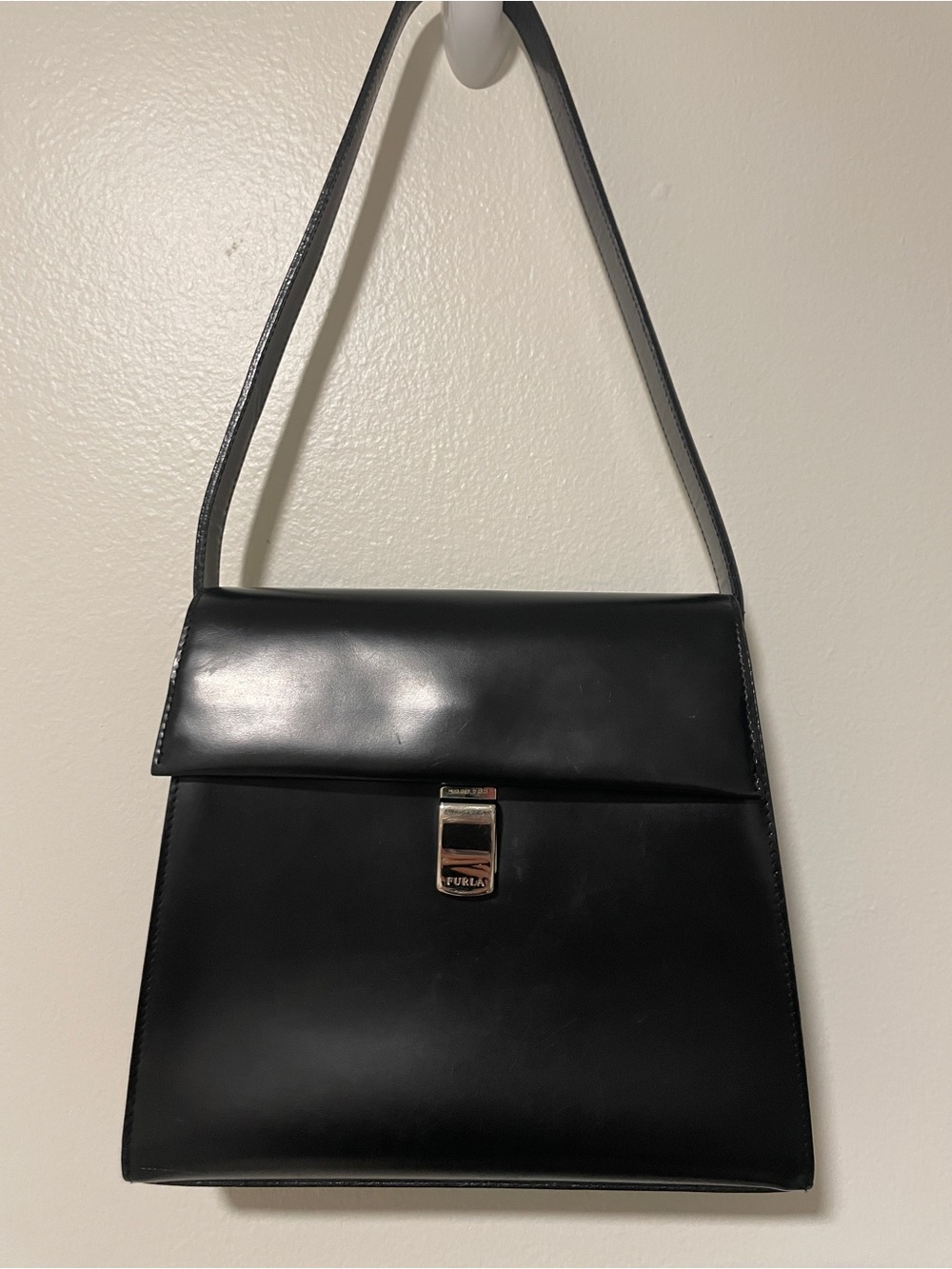 Furla Italy Black Leather Shoulder Bag Vintage Minimalist Structured Handbag